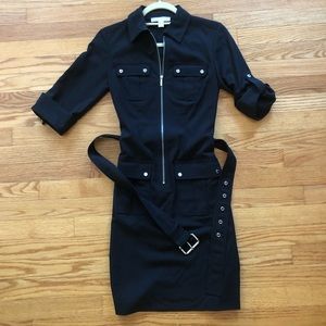 Black front zip with belt and cuffed sleeves dress